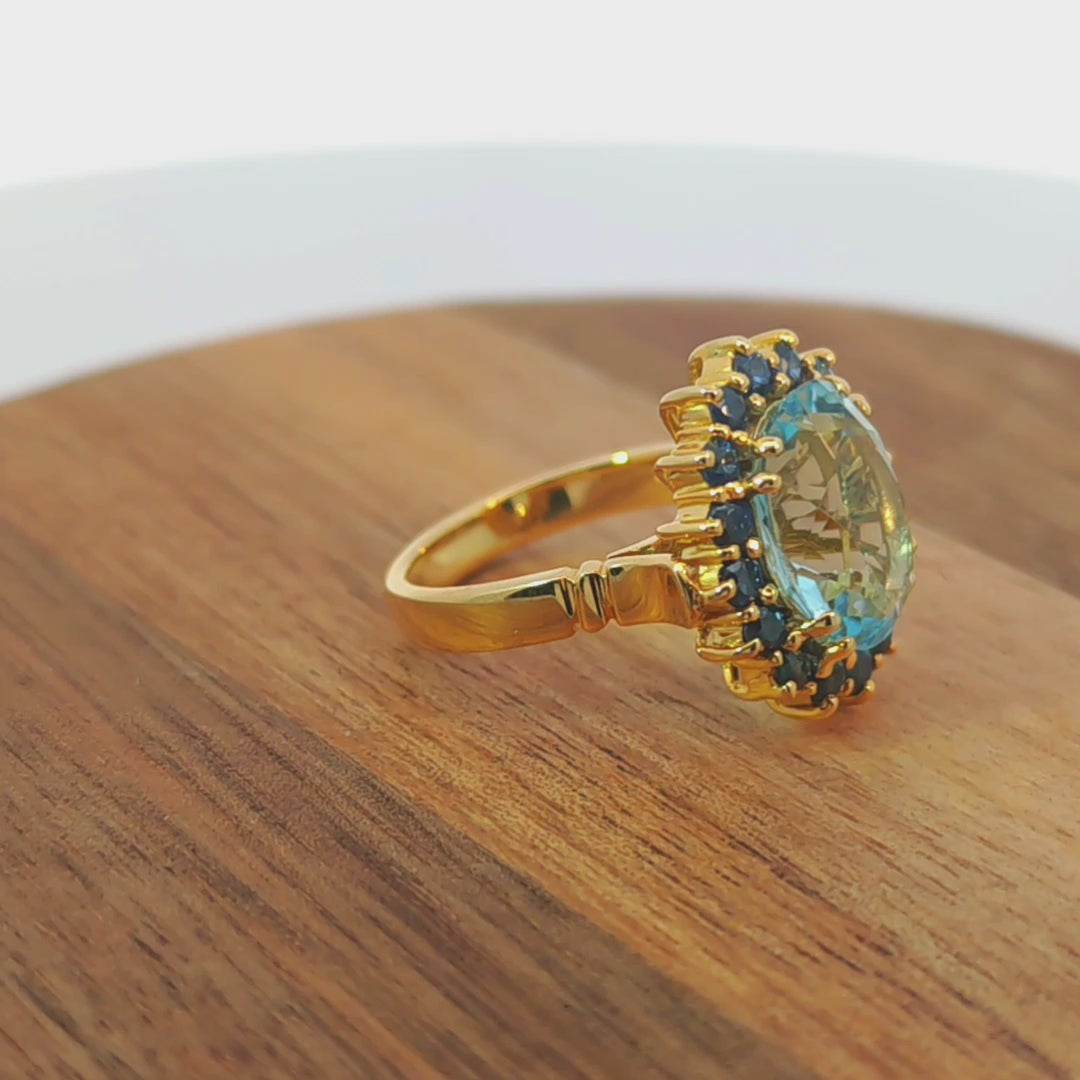 Damenring Gold 585 mit Aquamarin und Saphiren