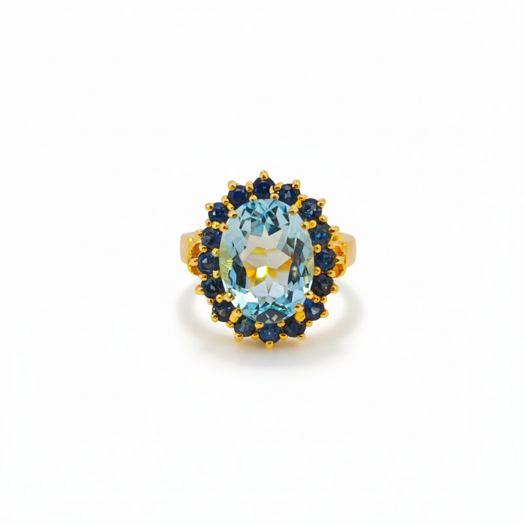 Damenring Gold 585 mit Aquamarin und Saphiren