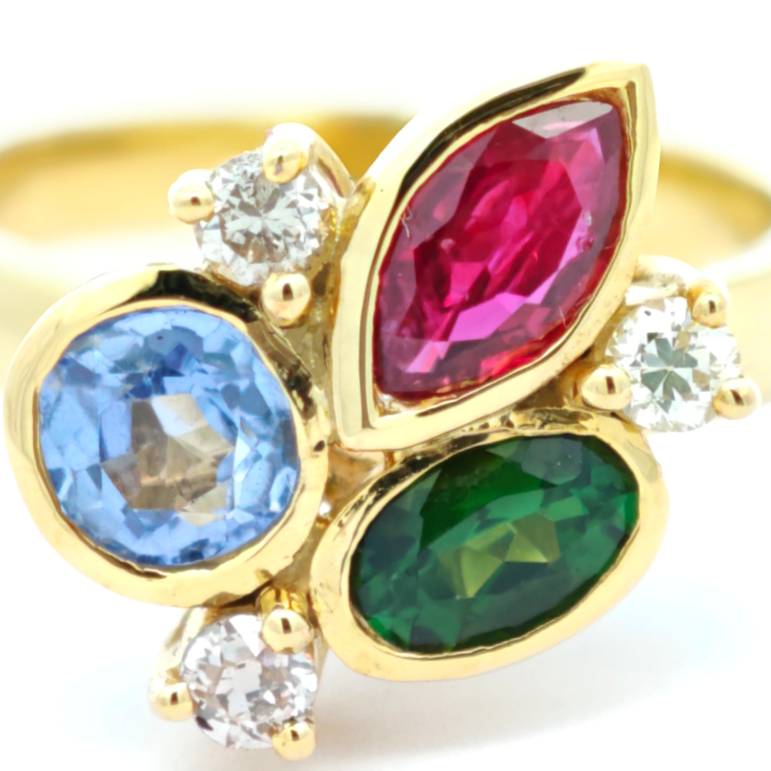 Damenring Gold 585 mit Saphir, Tsavorith, Rubin und Diamanten